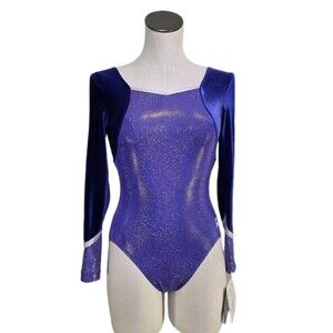 GK Elite VTG Royal Pixelated LS Velvet Sleeves Leotard Blue Violet AS Adult S